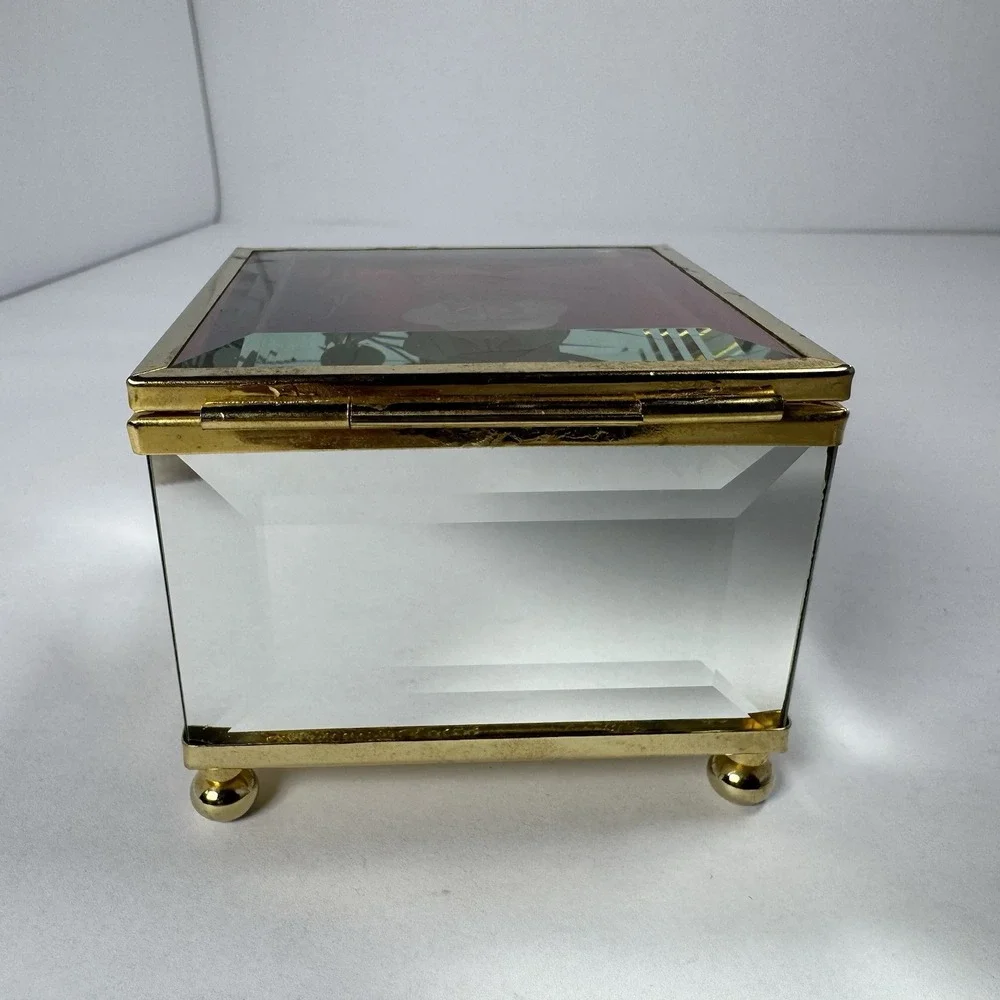 Vintage MELE Beveled Glass Jewelry Trinket Box Etched Rose Red Velvet Taiwan ROC